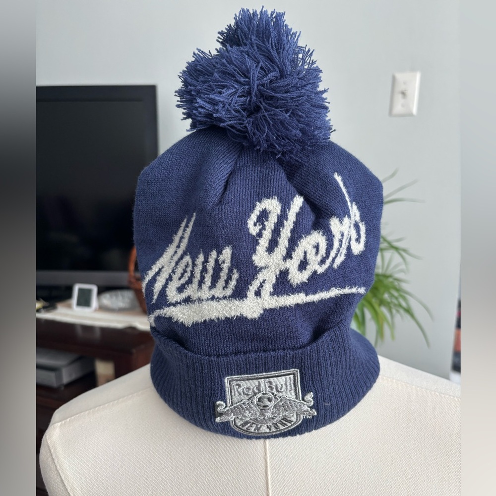 New York Script Navy Pom Beanie with Crest Patch